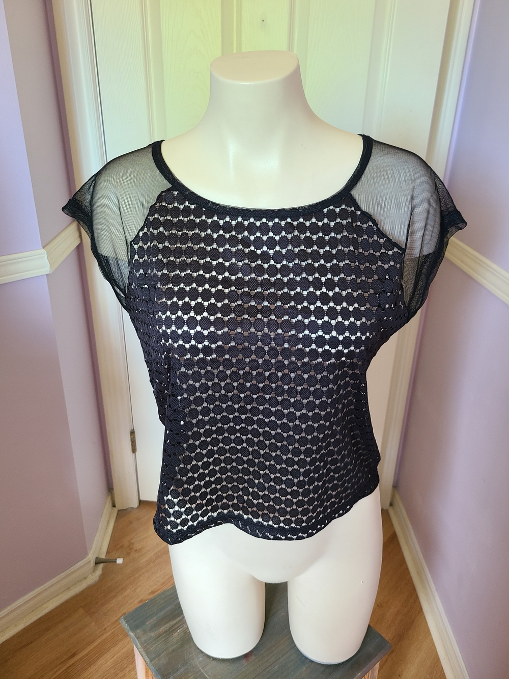 Atmosphere Black Sheer Mesh Geometric Lace Top